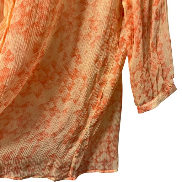 Cabi Womens Button-Down Silk Sheer Blouse Sz M Orange & Cream Geometric Print - Picture 8 of 12